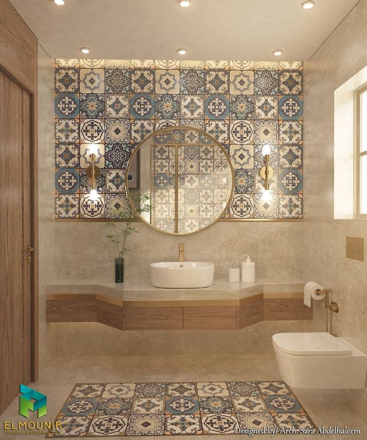 Main bathroom with patterned tiles